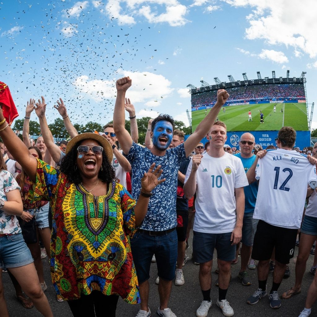 Excited fans celebrating at FIFA Fan Festival with flags and team colors